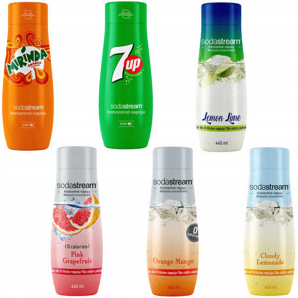 6 SodaStream-tiivisteen setti: Mirinda + 7UP + Sitruuna-Lime + Greippi + Appelsiini-Mango + Limonadi