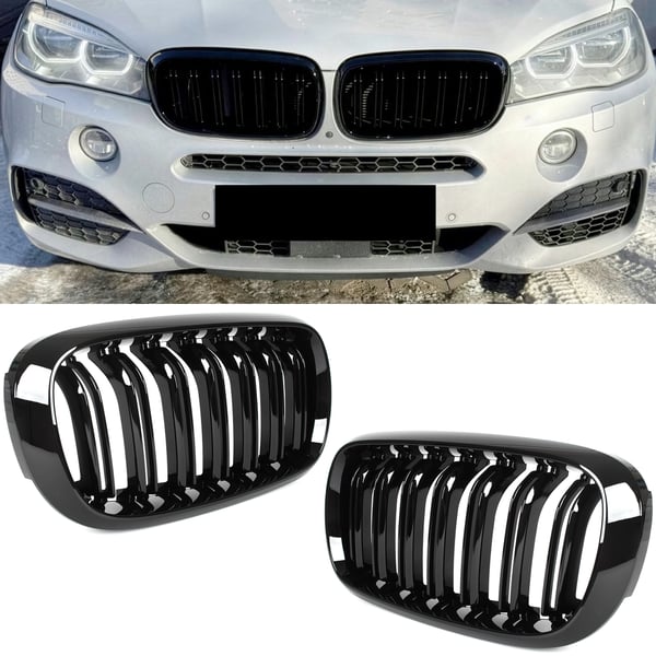 BMW X5 F15 13-18 Ajovalojen välissä olevat maskit (munuaiset) vasen + oikea, musta, kiiltävä kaksoispalkki