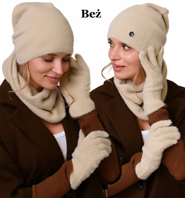 Beige damset mössa, tubhalsduk och handskar varm vinterset
