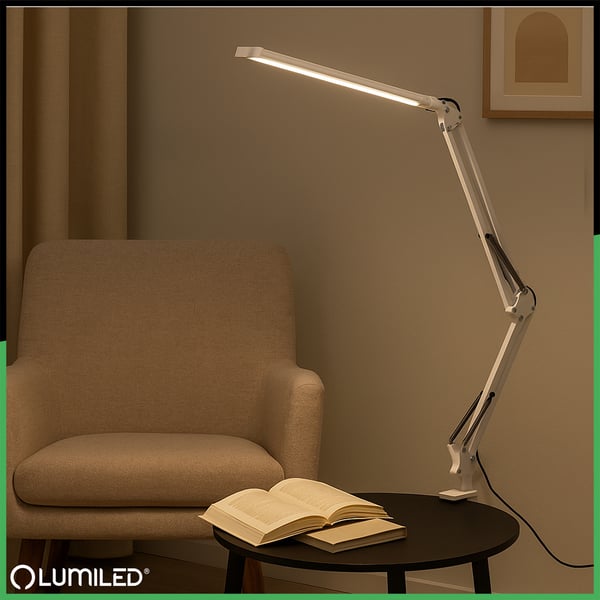 Pöytävalaisin LED-tekniikka Cosmi 8W CCT USB-himmentävä valkoinen kiinnikkeellä Lumiled