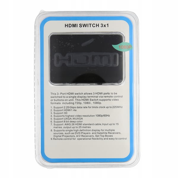 SWITCH 3x HDMI SWITCH SPLITTER + FJERNBETJENING