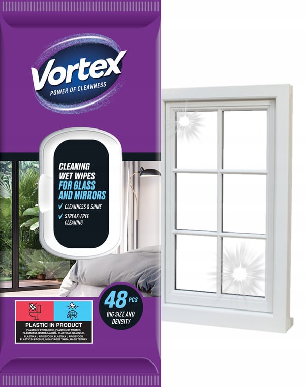 VORTEX våtservetter för speglar och glas med fällbara lock, 48 stycken