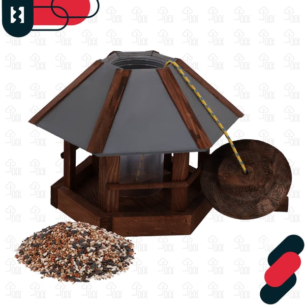 KOTARBAU hängande fågelmatare sexkantig trä 310 x 285 mm med dispenser och foder 0,5 kg