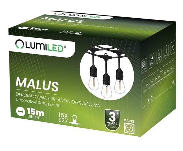 MALUS Udendørs Have Guirlande Lyskæde 15m 15x E27 LUMILED