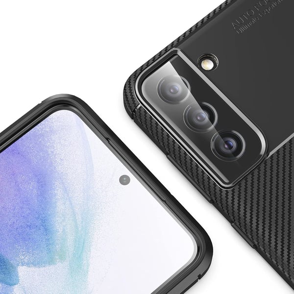 Samsung Galaxy S21 FE 5G:n hiilikuituinen silikonikuori, musta ja 3x-lasi
