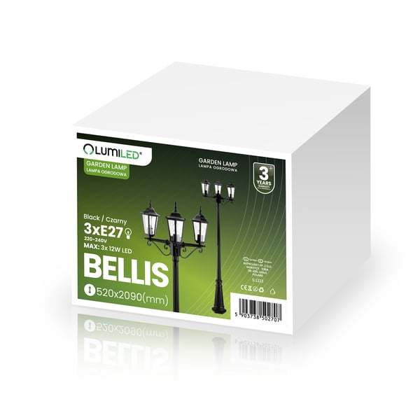 Udendørs havelampe 3xE27 POST LANTERNE 2m Sort BELLIS LUMILED