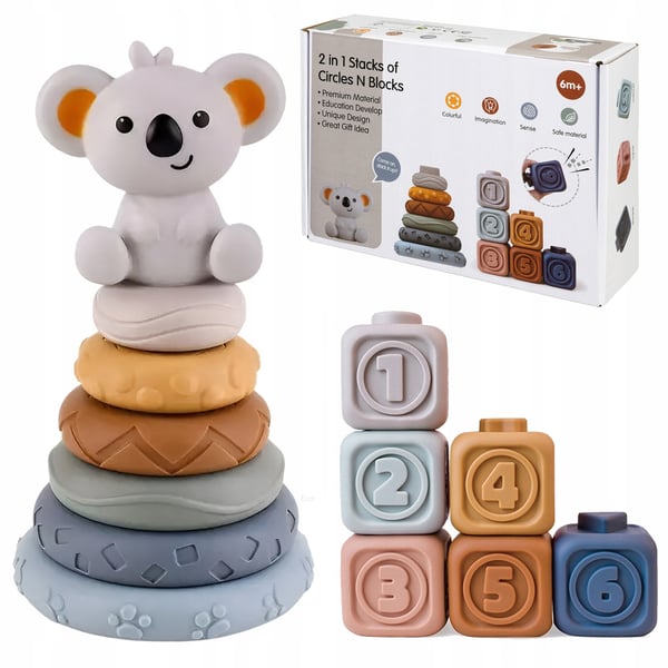 Mjuka gummibjældker med sensorik og kreative tårnpyramider Montessori koala