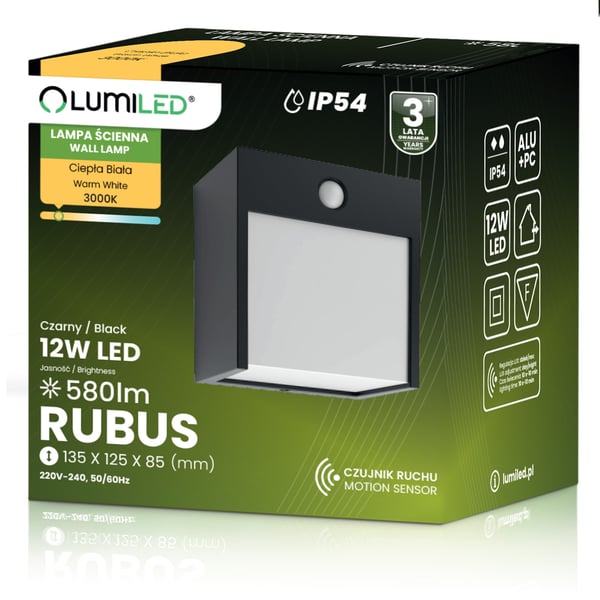 Trädgårdslampa väggmontering LED väggarmatur utomhus PIR-rörelsesensor IP54 12W 3000K RUBUS LUMILED
