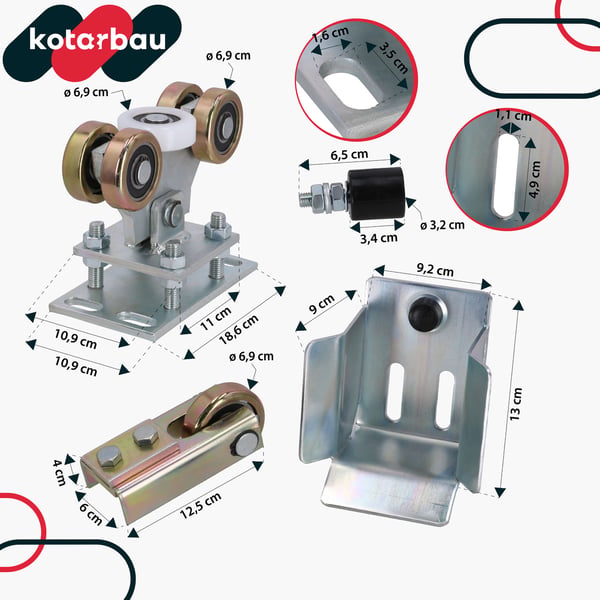 KOTARBAU® Sæt med 5 ruller metal skydeportsvogne, 80 x 80 mm profil