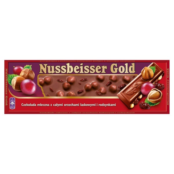 Nussbeisser Kultainen maitosuklaa kokonaisilla hasselpähkinöillä ja rusinoilla 220 g