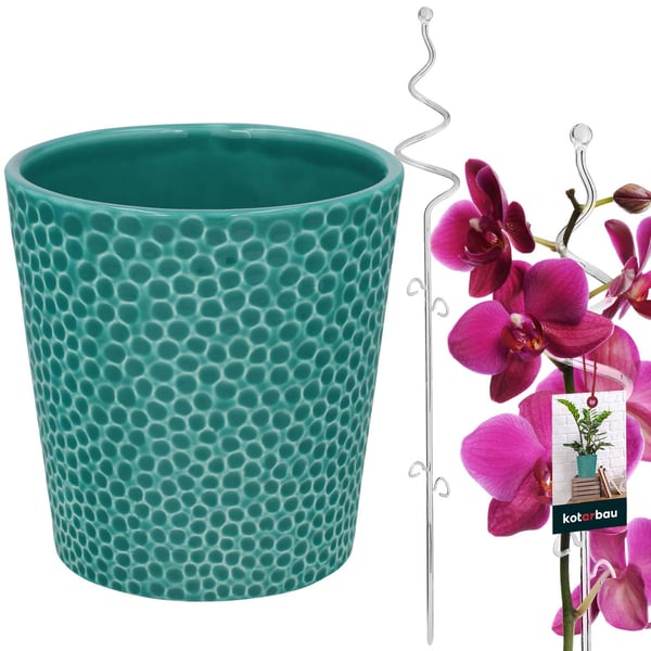 KOTARBAU® Set turkosa blomkrukor 11 cm med transparent växtstöd 58 cm keramik orkidé