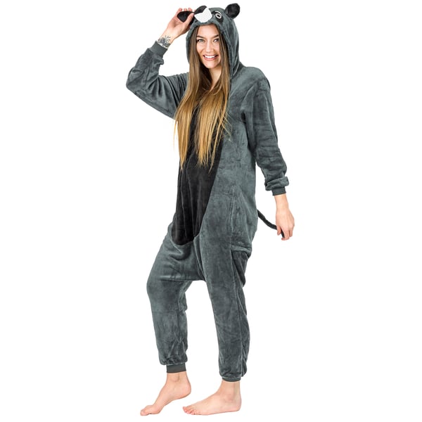 Varm herre kigurumi pyjamas onesie vaskebjørn heldragt med lynlås s Grå vaskebjørn onesie kostume - S