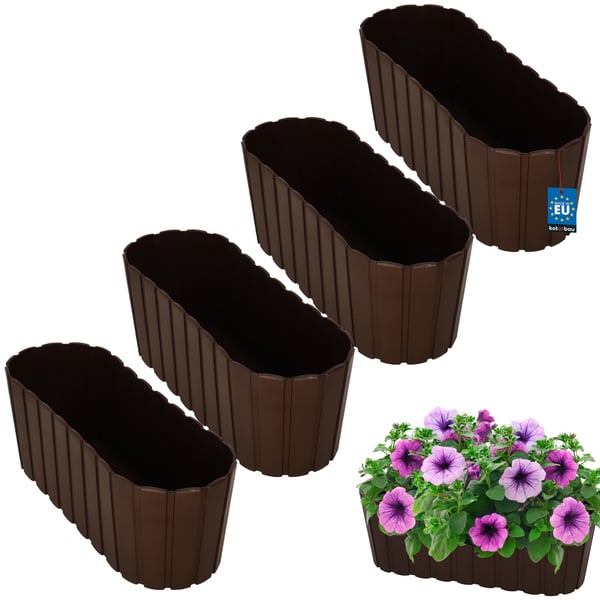 Avlång blomkruka för blommor och örter, balkong, terrass, brun, 40 cm, 4 st