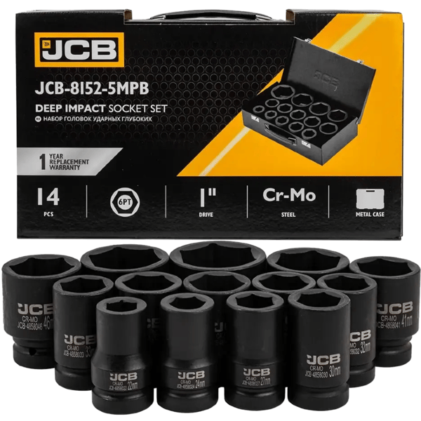 JCB 1" Cr-Mo 6-kulmainen syvä iskuhylsysarja 14 osaa