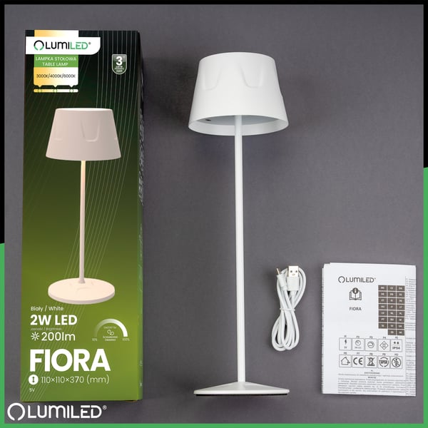 LED havelampe, stående, dekorativ, bord, natlampe, USB, dæmpbar, touch, hvid, FIORA LUMILED