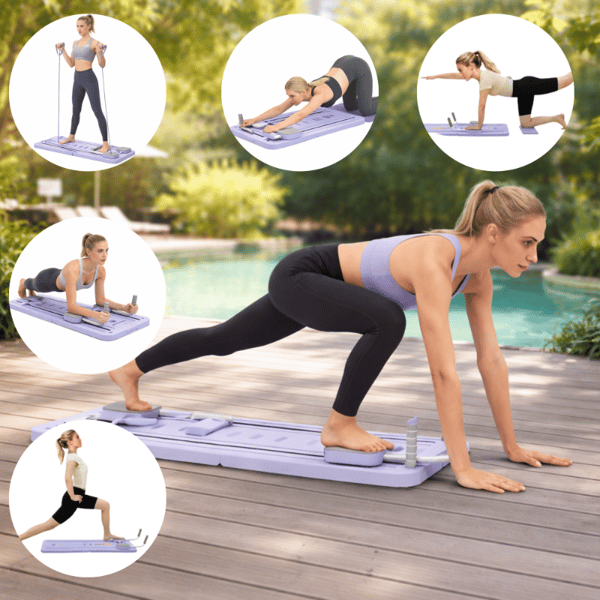 Pilatesbräda reformer träning med motståndband och timer