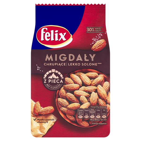 Felix Rapeaksi paistetut kevyesti suolatut mantelit 180 g Felix Rapeaksi paistetut kevyesti suolatut mantelit 180 g