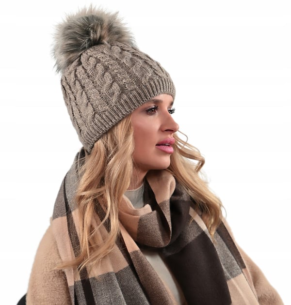 Varm damvintermössa med pompom isolerad fleece Beania Latte UNI