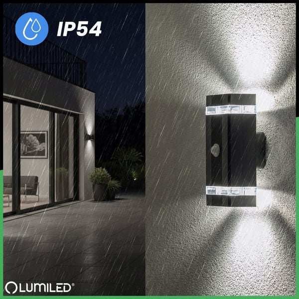 Havelystkarm Væglampe op og ned 2x GU10 sort bevægelsessensor og skumringssensor IP54 HEDERA LUMILED