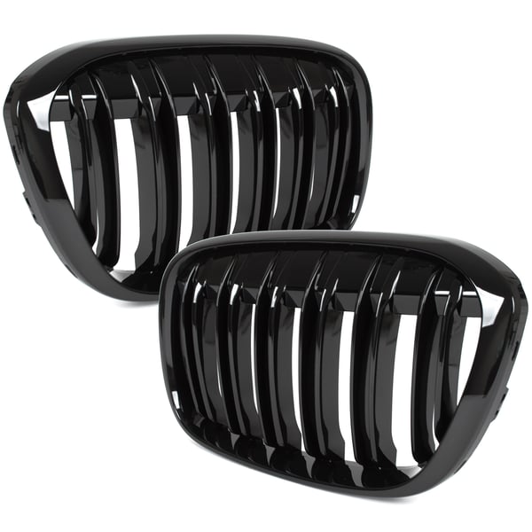 BMW X1 F48 15-19 gitter mellem forlygterne (nyrerne) venstre + højre sæt SORT GLOSSY DOBBELT BAR