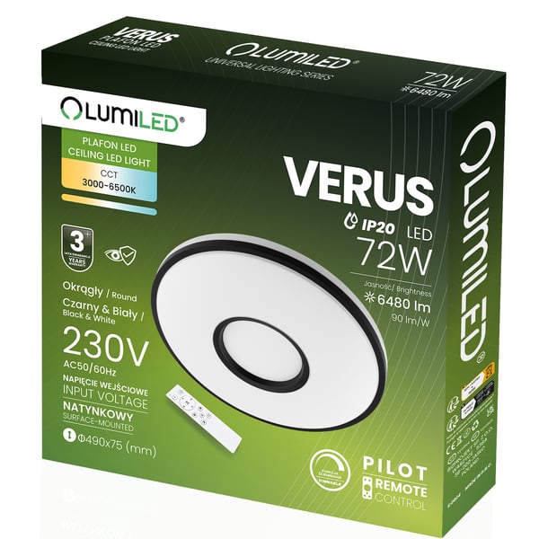 LED loftslampe overflademonteret VERUS 72W CCT hvid rund 50cm + LUMILED fjernbetjening