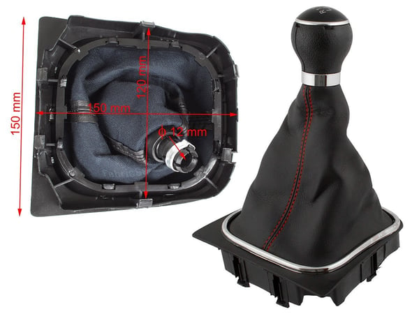 VW Golf V 03-08 gearkugle med sort stofpose, rød tråd og kromramme, 6 gear