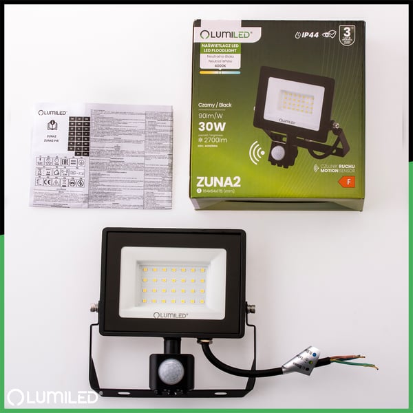 LED-strålkastare ZUNA2 30W 2700lm 4000K IP44 svart rörelsesensor LUMILED