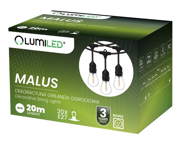 MALUS Udendørs Have Guirlande Lyskæde 20m 20x E27 LUMILED