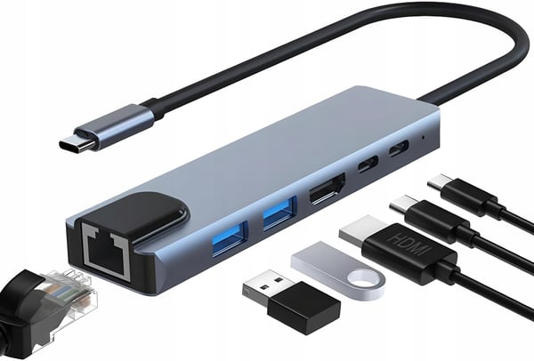 HUB USB-C 6-i-1 HDMI 4K RJ45 LAN 2xUSB 3.0 PD 100W MacBook M1 M2 Thunderbolt
