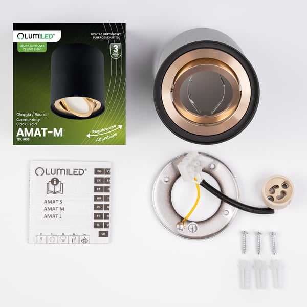 Taklampa HALOGENSPOT rörkupol vridbar GU10 rund svart-guld 84mm AMAT-M LUMILED