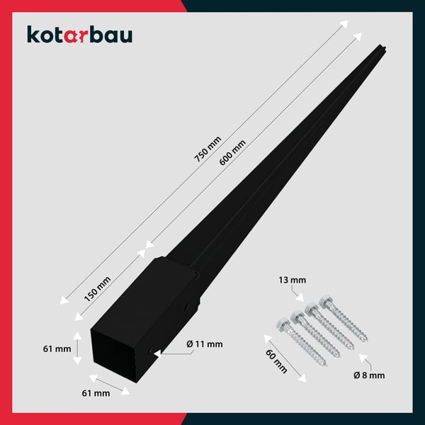 KOTARBAU® Stålstolpefäste til Pergolas, Pavilloner, 61 x 61 x 750 mm, Sort, 2 stk