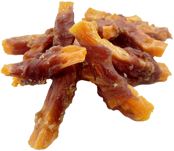UniQ Pets sötpotatispommes inlindade i anka hundgodis 500g