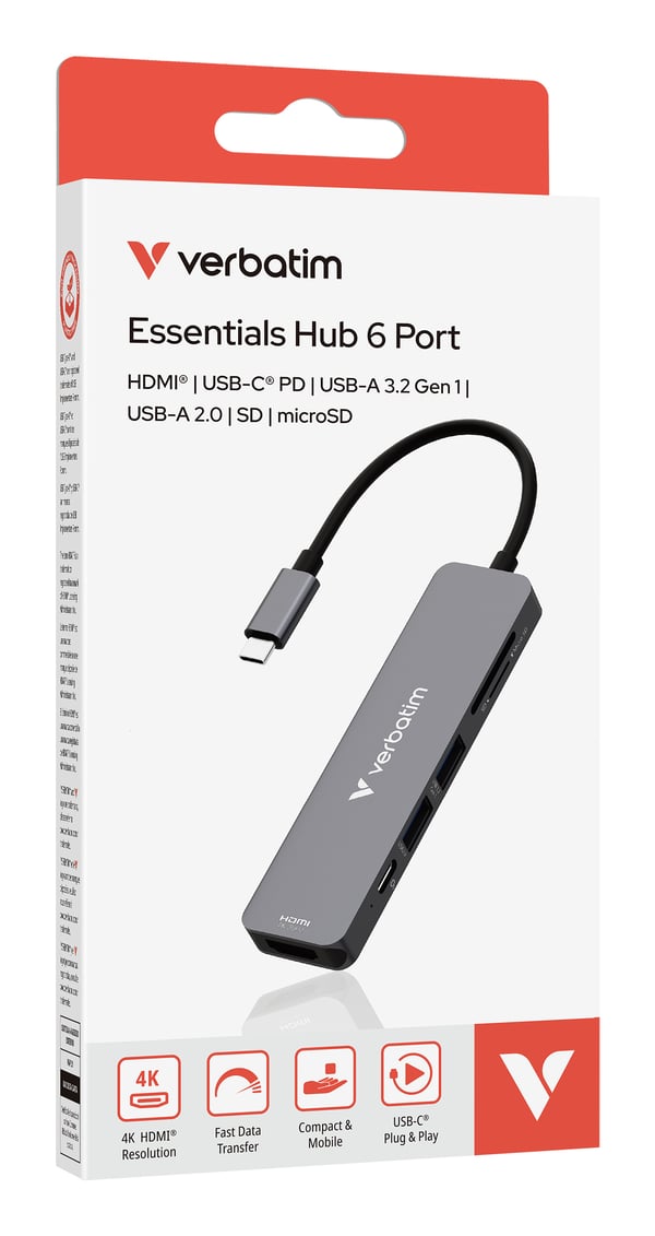 Verbatim Multi Port Essentials USB-hub USB-C PD, USB-A 3.0, USB-A 2.0, HDMI, SD/microSD