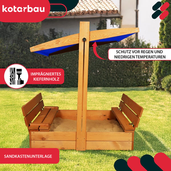 KOTARBAU® stor sandlåda i trä med blått tak, impregnerad, stängd, med bänkar, brun, 100 x 100 cm