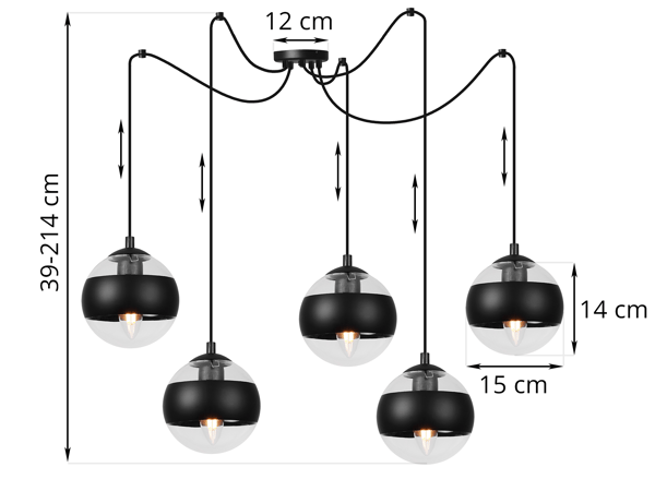 TOLEDO SPIDER HÆNGELAMPE SORT 5 FLAD SORT LAMPESKÆRME E14