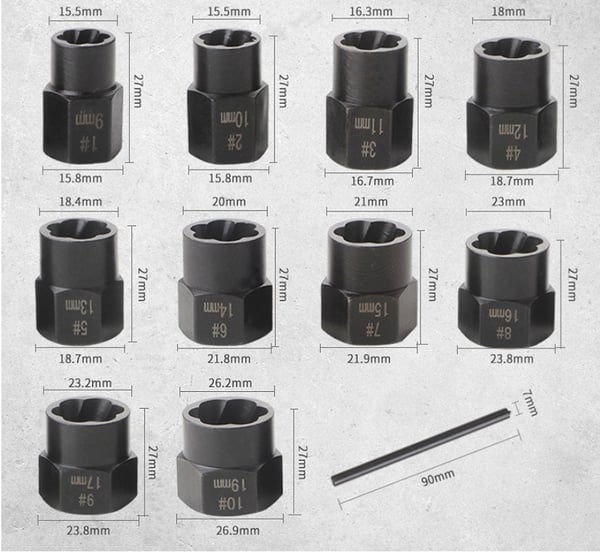 Hulser til beskadigede, behandlede, ødelagte bolte, møtrikker 9-19 mm