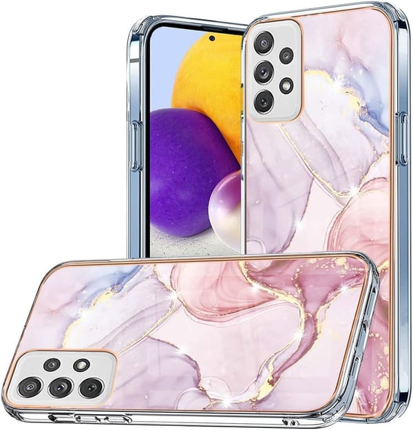 Etui til Samsung Galaxy A72, pink marmorbagside, guldkanter
