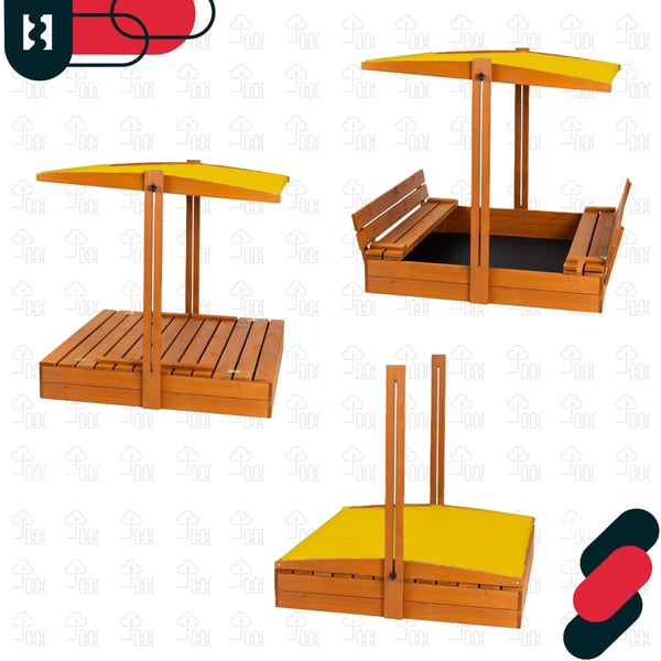KOTARBAU® Suuri puinen hiekkalaatikko keltaisella katolla, kyllästetty, suljettu, penkeillä, ruskea, 100 x 100 CM