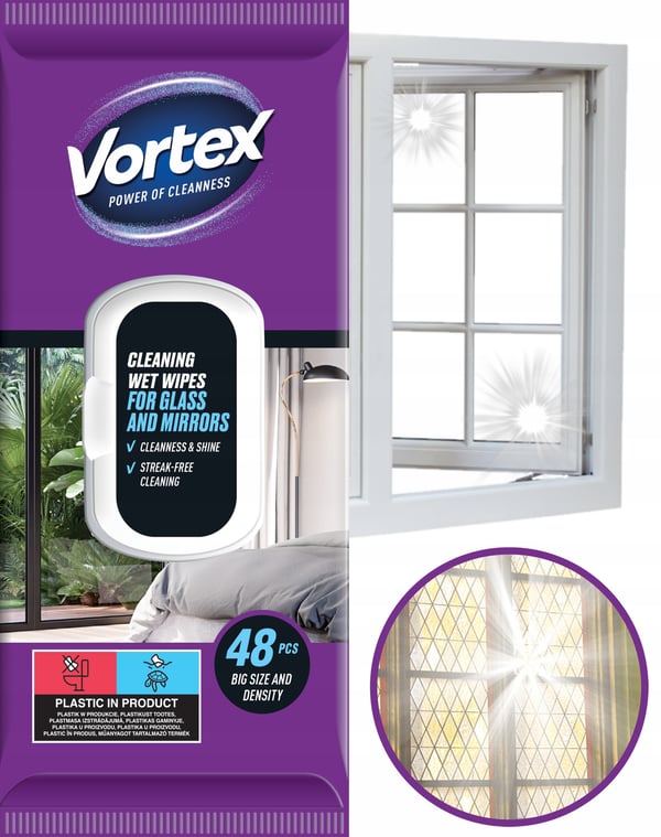 VORTEX våtservetter för speglar och glas med fällbara lock, 48 stycken