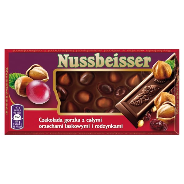 Nussbeisser Tumma suklaa kokonaisilla hasselpähkinöillä ja rusinoilla 100 g