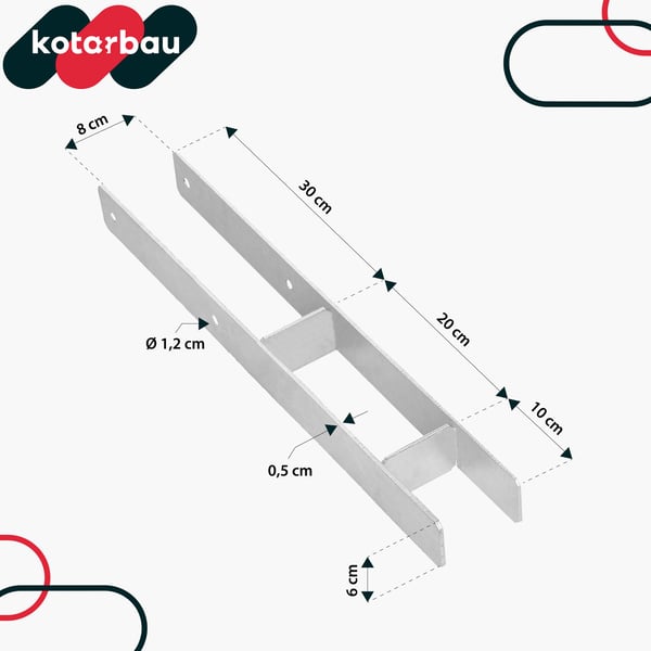 KOTARBAU® H-stolpebas til indstøbning, konsol, galvaniseret stålankre, 80 mm, 4-pack