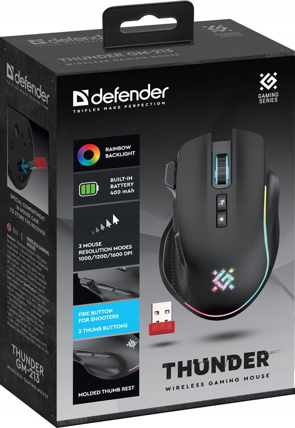Defender Thunder GM-213 trådløs mus optisk 1600 dpi sort RGB genopladelig 8 knapper Gaming