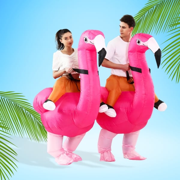Oppustelig flamingo-dragt, selvoppusteligt lyserødt kostume