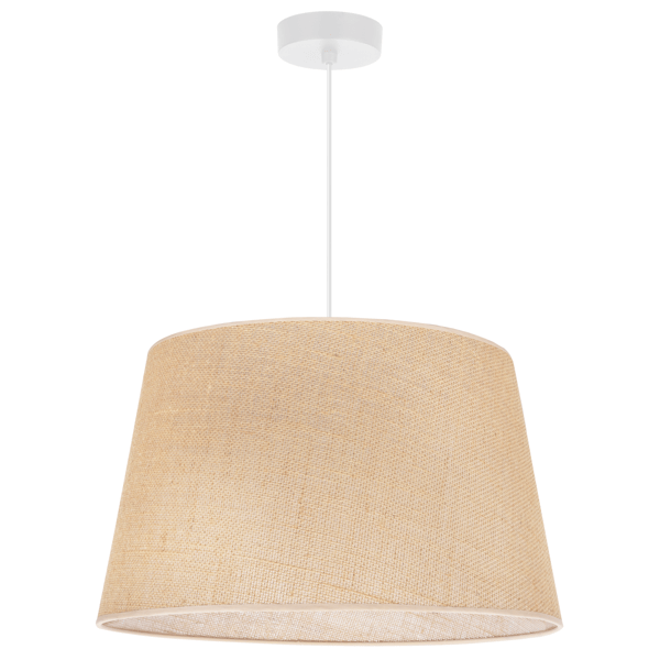 HÆNGELAMPE I JUTE MED KEGLE, HVID, 1 FLAD BEIGE LAMPESKÆRM, 44 CM
