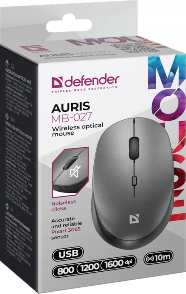 Defender Auris MB-027 trådlös mus, optisk, klickfri, tyst, 1600 dpi, grå