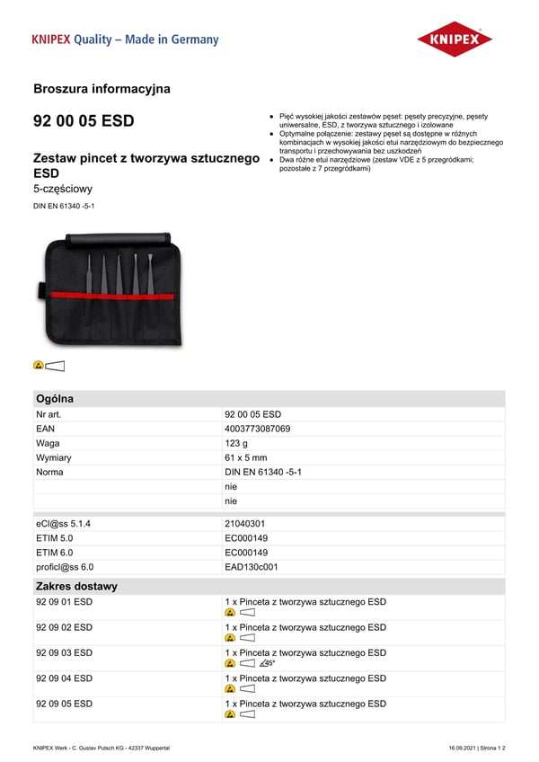 ESD-PLASTIKPINZETSÆT, 5 DELS - KN 92 00 05E