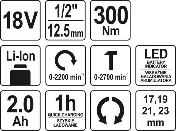 SLAGNYCKEL 18V 1/2'' 300NM 2.0AH - YT-82804