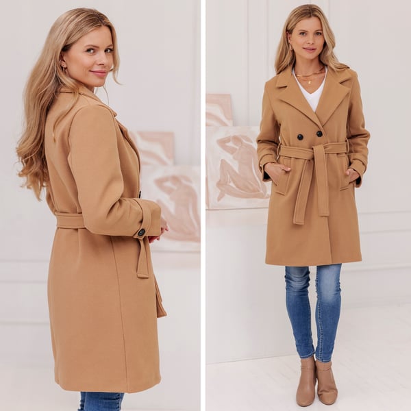 DAME RIBBET JAKKE MED BÆLTE OVERGANGS EFTERÅRS/VINTER MED ULD XL Beige