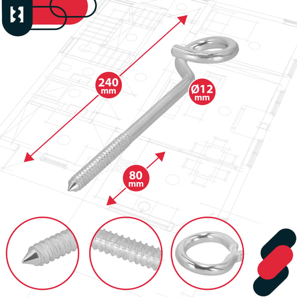 Kotarbau® Kattokiinnityskoukku, kääritty, ruuvattava, ruostumaton teräs, 240 MM, 2 kpl:n sarja