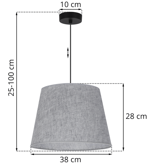 Hængelampe, linnedkegle, sort, 1 flad, grå lampeskærm L04 38cm